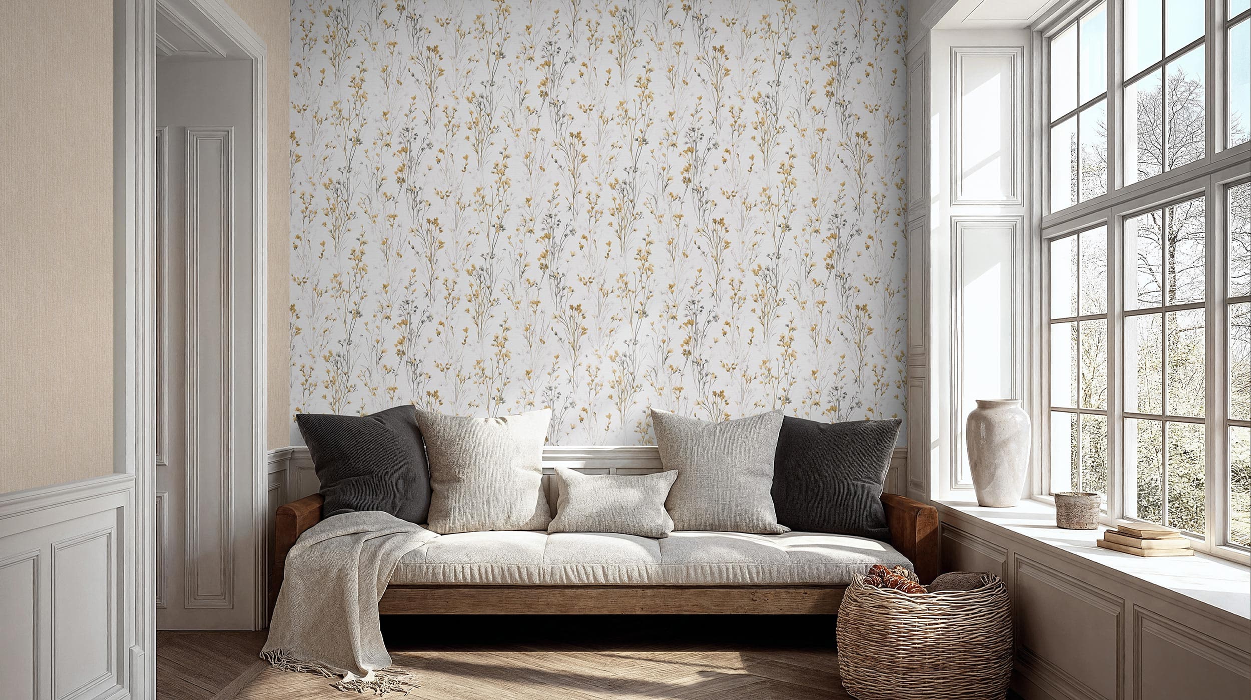 Country living room hung with Erismann wallpaper