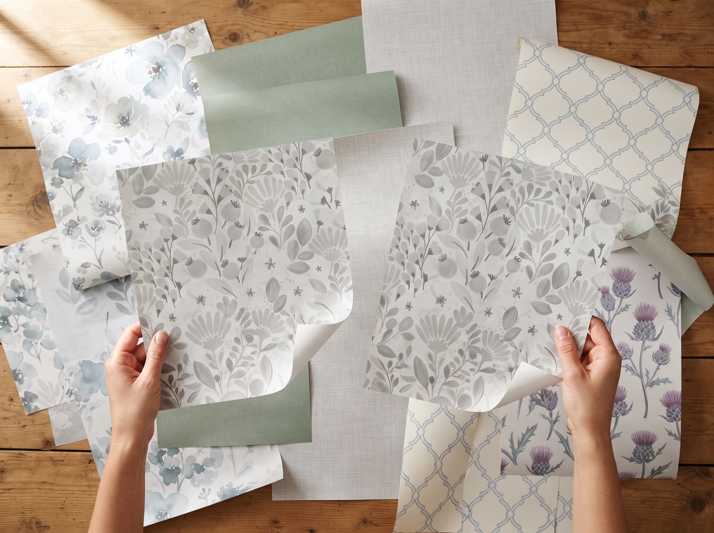 Hands comparing Erismann wallpaper samples over a table