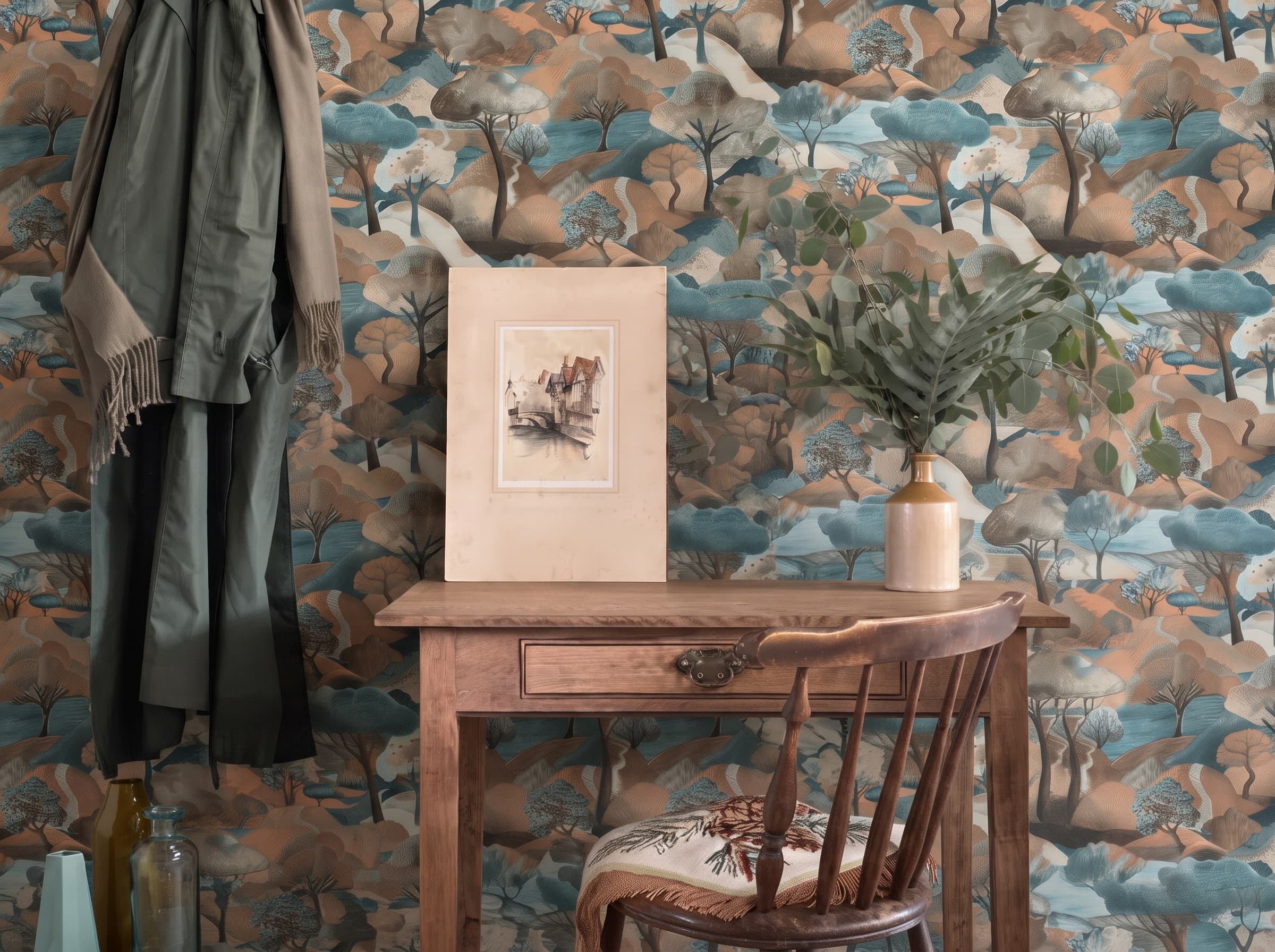 Wallpaper samples in several colourways laid out for comparison