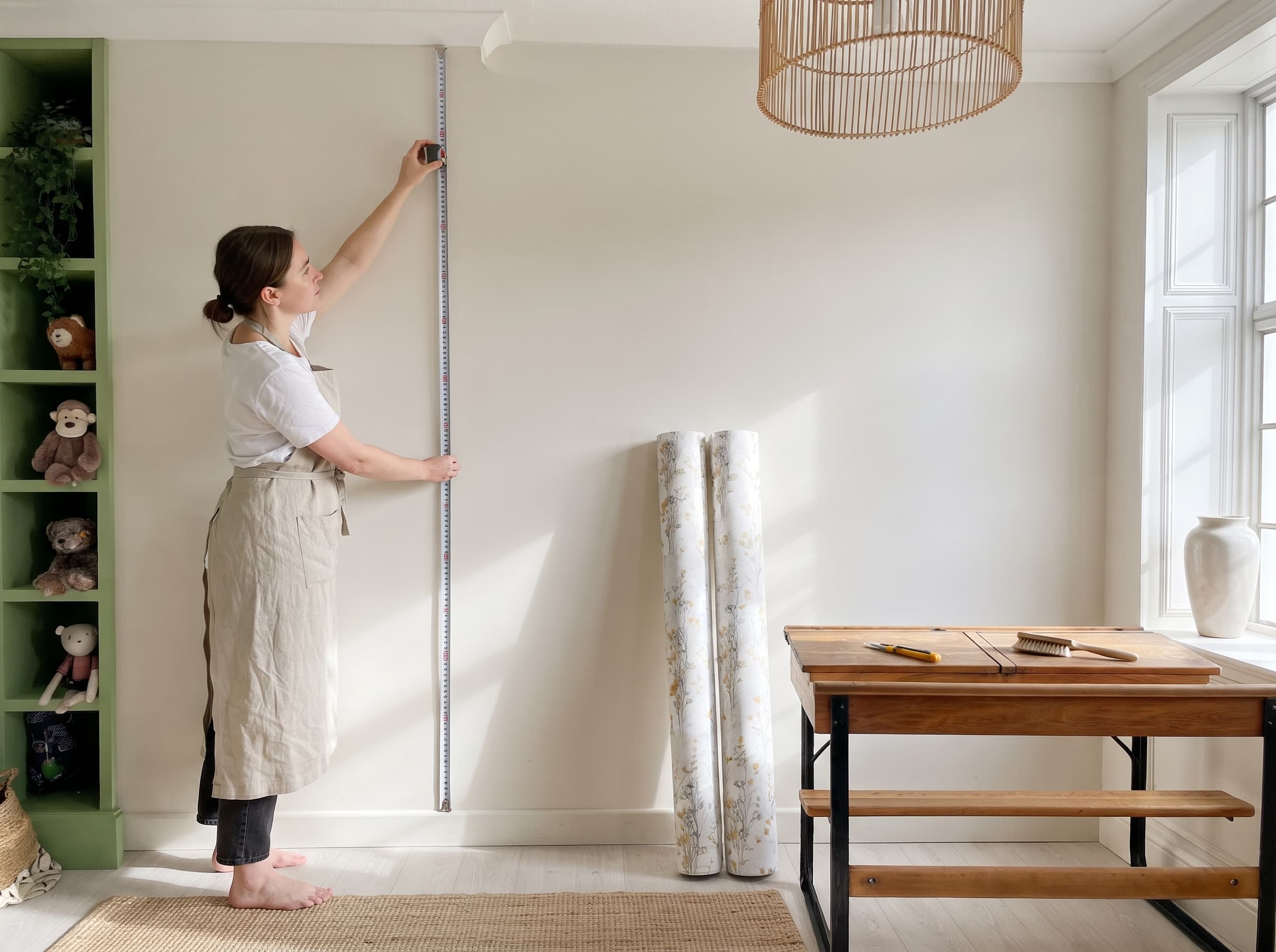 Measuring a wall with a tape measure before ordering wallpaper