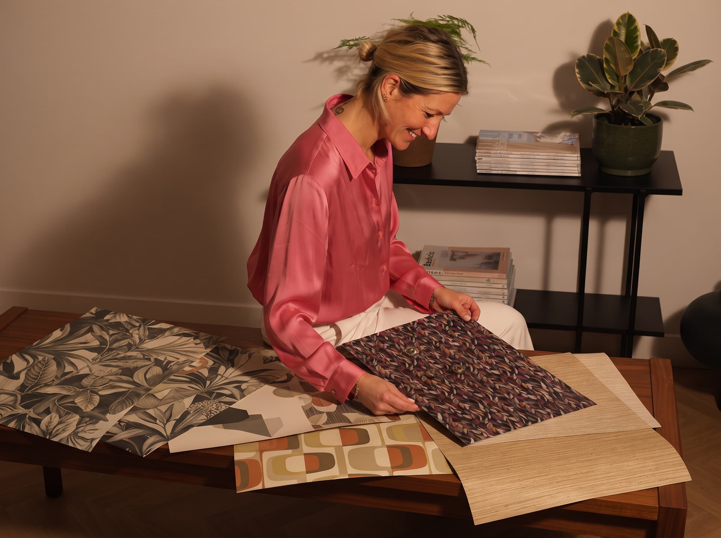 Comparing wallpaper samples at home