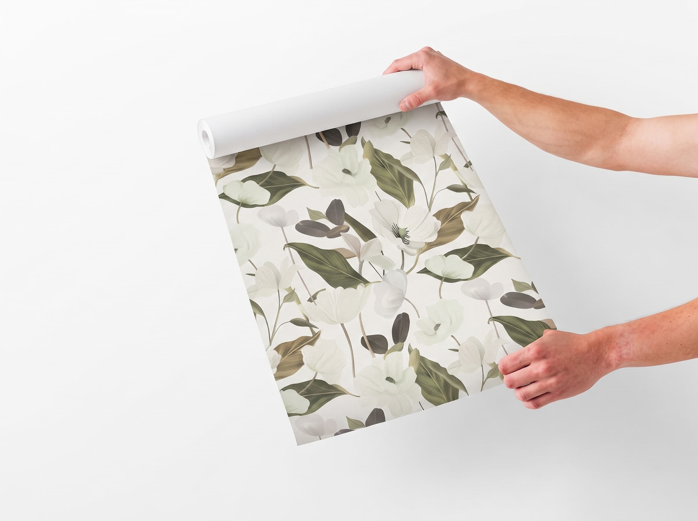 Hands unrolling a fresh roll of Erismann wallpaper